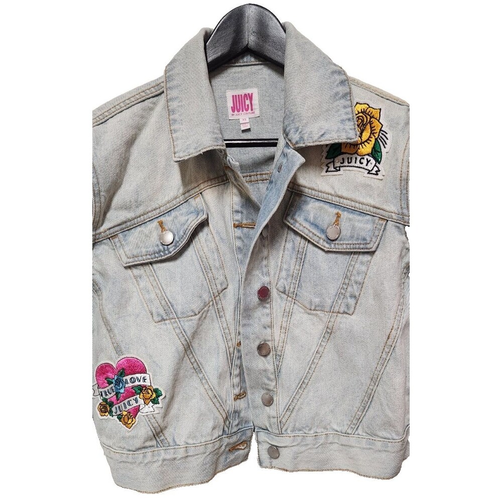 Juicy Couture Womens Y2K Denim Jean Jacket Cabana Wash Tattoo Patches Heart XS - Picture 1 of 16